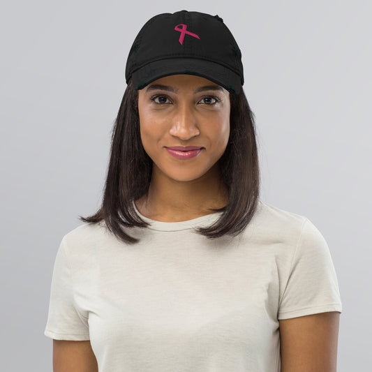 3D Embroidered Pink Ribbon Distressed Dad Hat