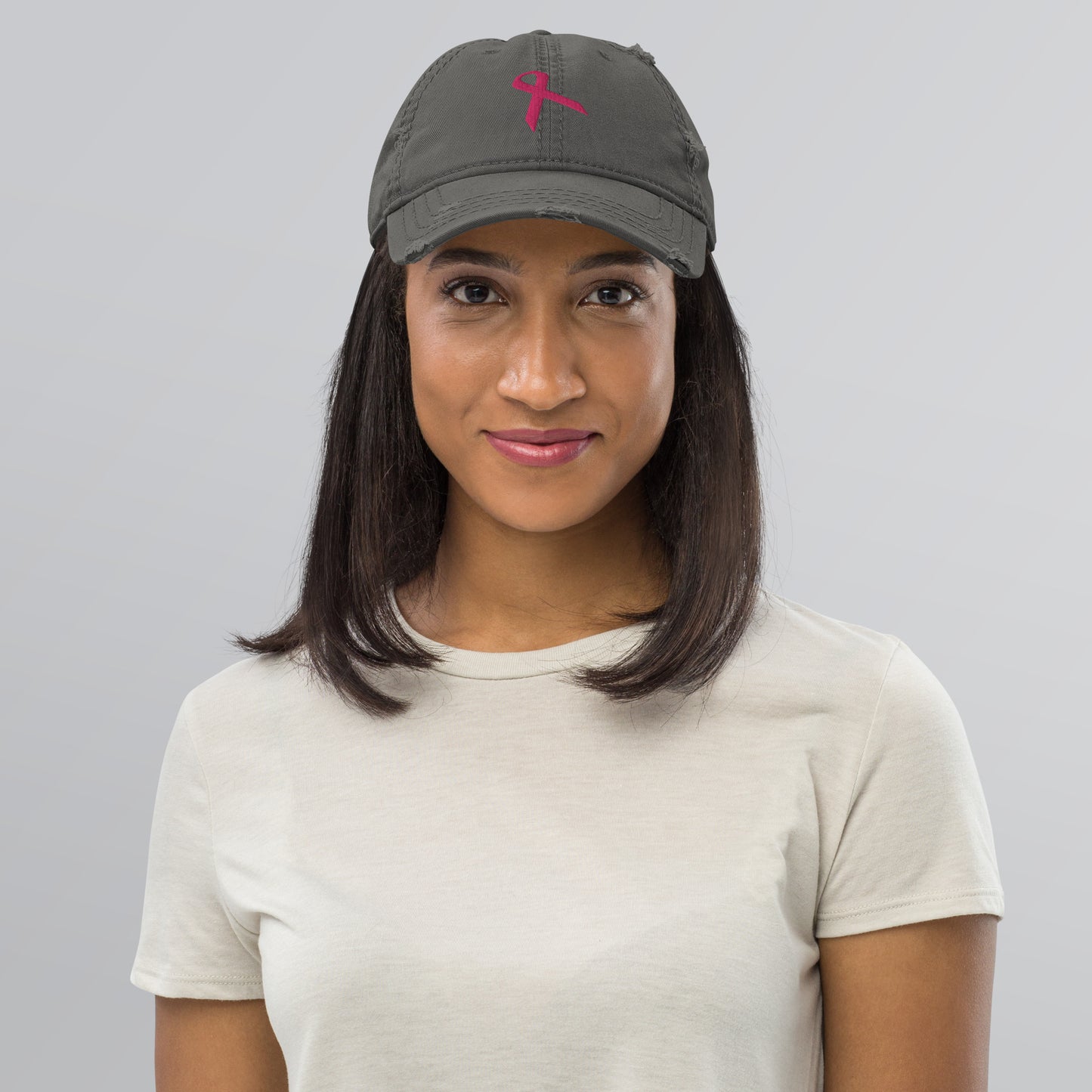 3D Embroidered Pink Ribbon Distressed Dad Hat