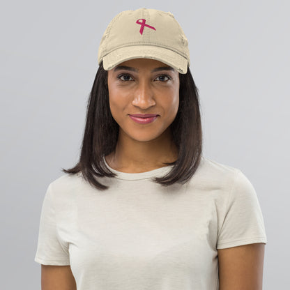 3D Embroidered Pink Ribbon Distressed Dad Hat