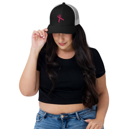 3D Embroidered Pink Ribbon Retro Trucker Cap