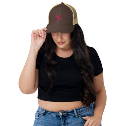 3D Embroidered Pink Ribbon Retro Trucker Cap