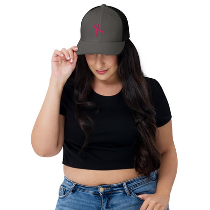 3D Embroidered Pink Ribbon Retro Trucker Cap