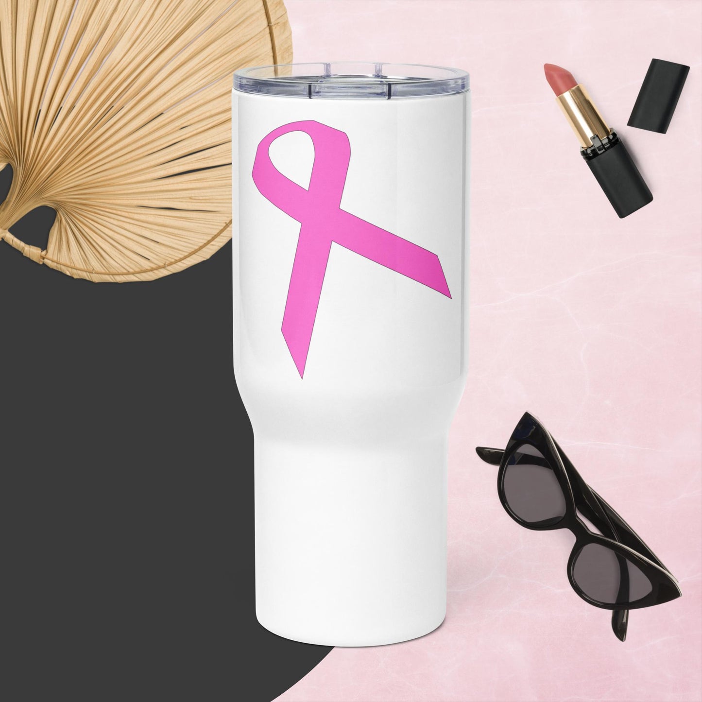 Pink Ribbon Travel mug with a handle